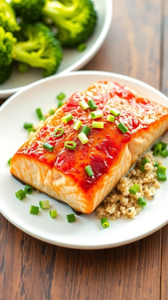 Air fryer salmon fillet garnished with green onions, served with broccoli and quinoa on a white plate.